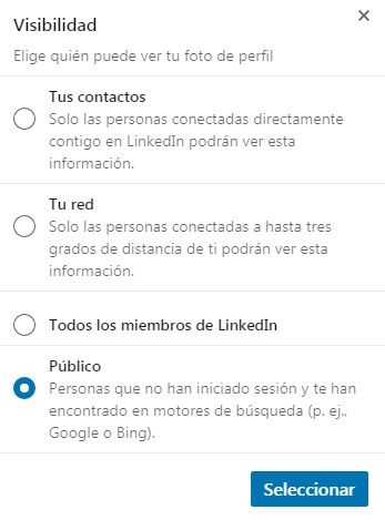 Foto LinkedIn - Ventana para seleccionar la visibilidad de la foto del perfil