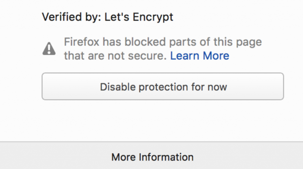 Firefox mixed content warning message to users