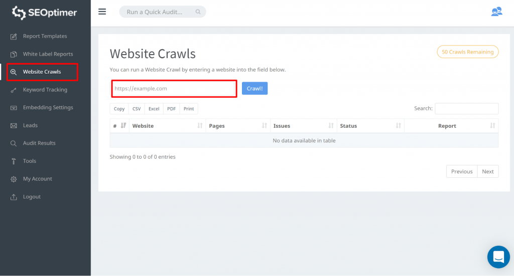Geben Sie Ihre Website-URL ein und klicken Sie auf "Crawl" SEOptimer-Tool